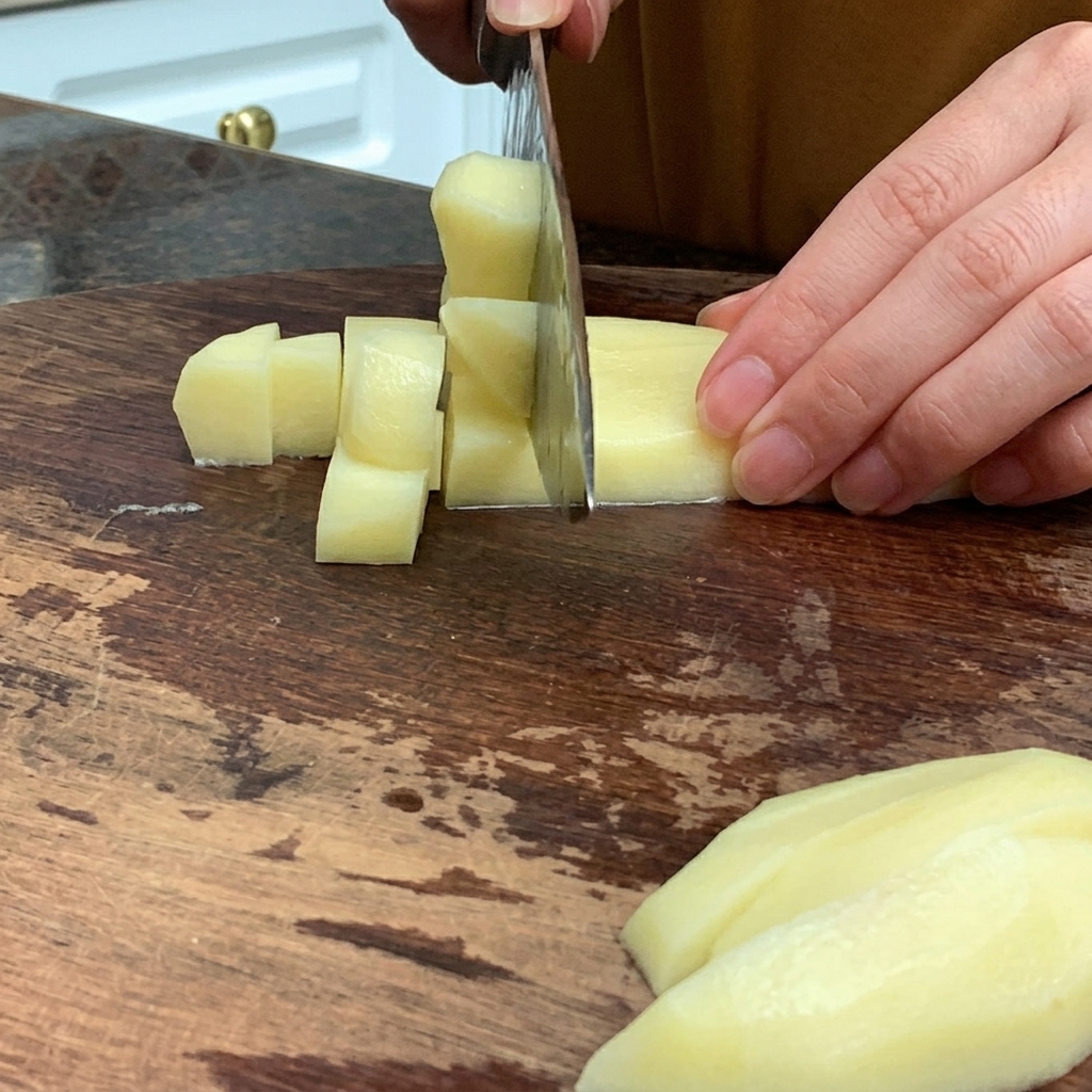 A raw peeled potato being cut into small, even cubes on a wooden cutting board.