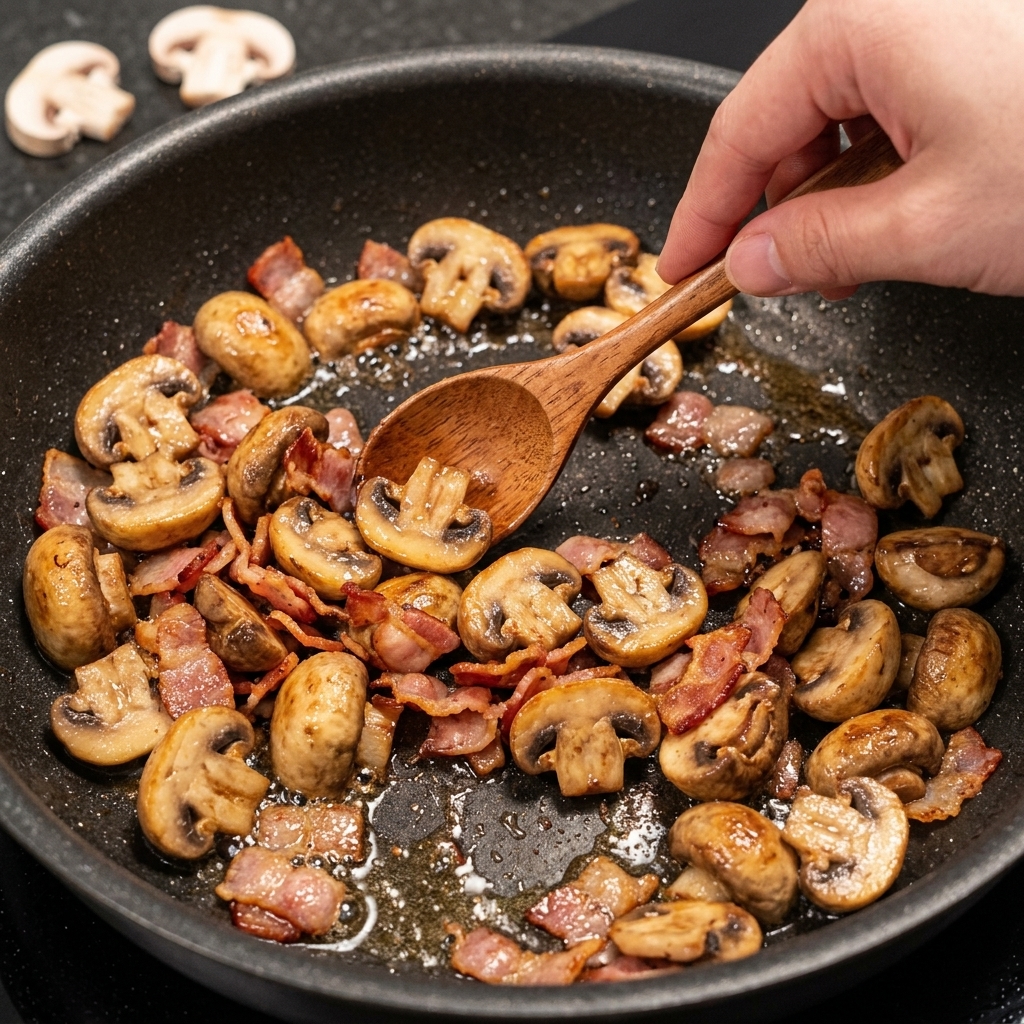 Sliced mushrooms stir-frying in a pan with crispy bacon bits and rendered fat.