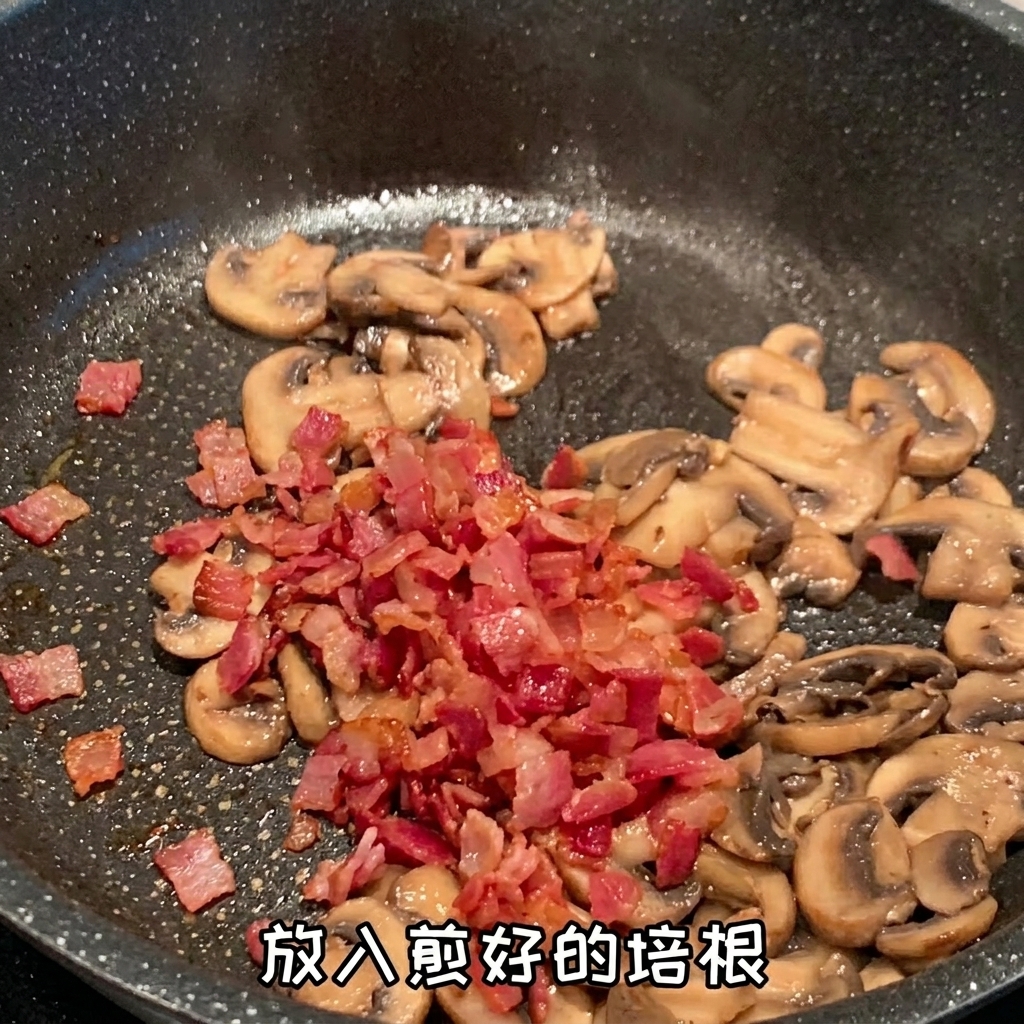 Bacon and raw clams being combined with sautéed mushrooms in a skillet.