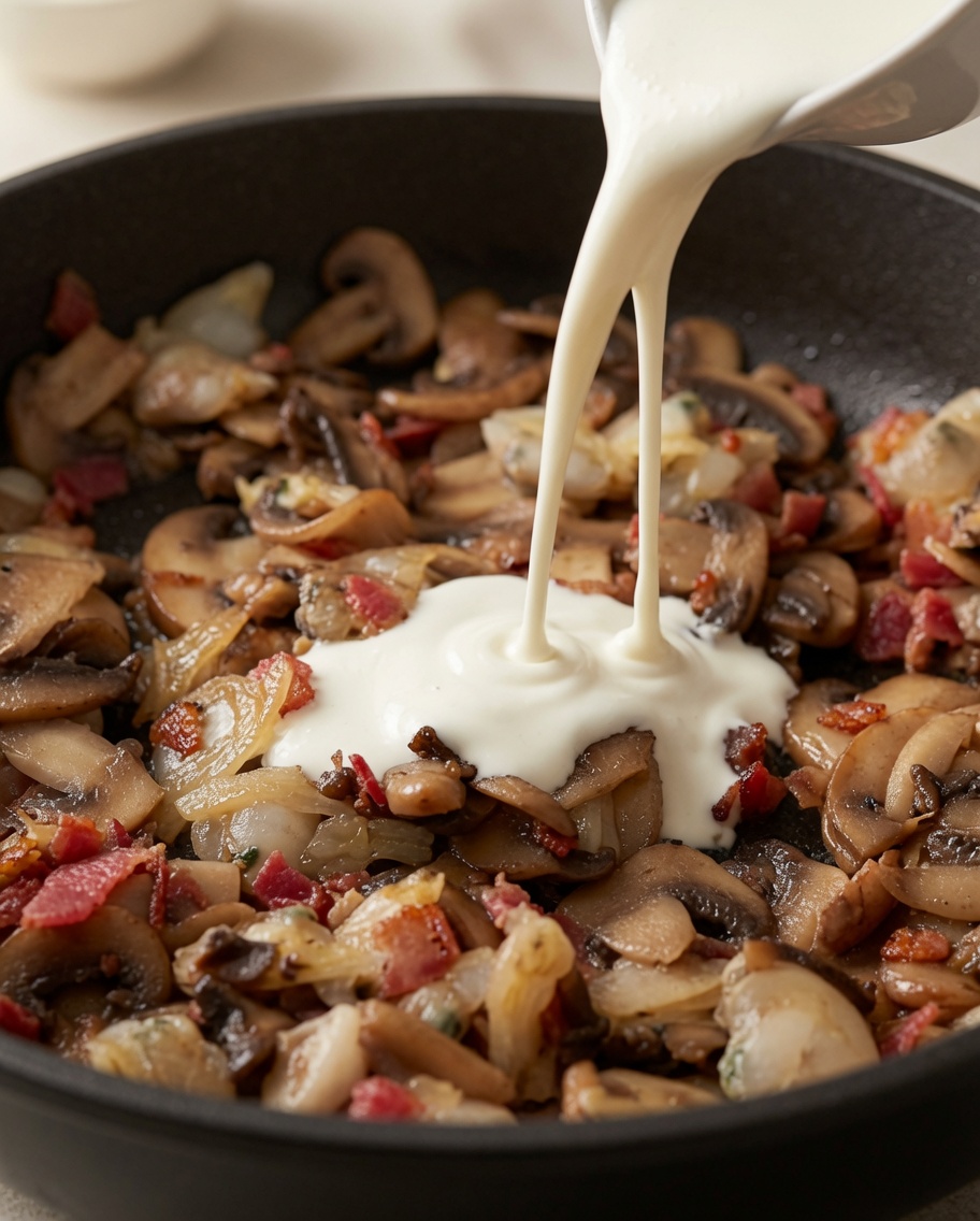 Heavy cream being poured over mushrooms, bacon, and clams in a pan.