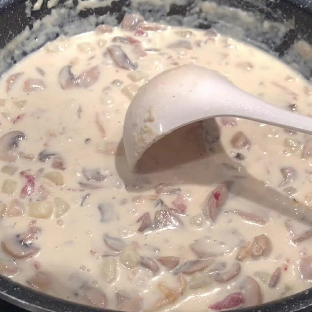 A white ladle resting in a pot of creamy soup containing diced potatoes and mushrooms, while salt is being added.