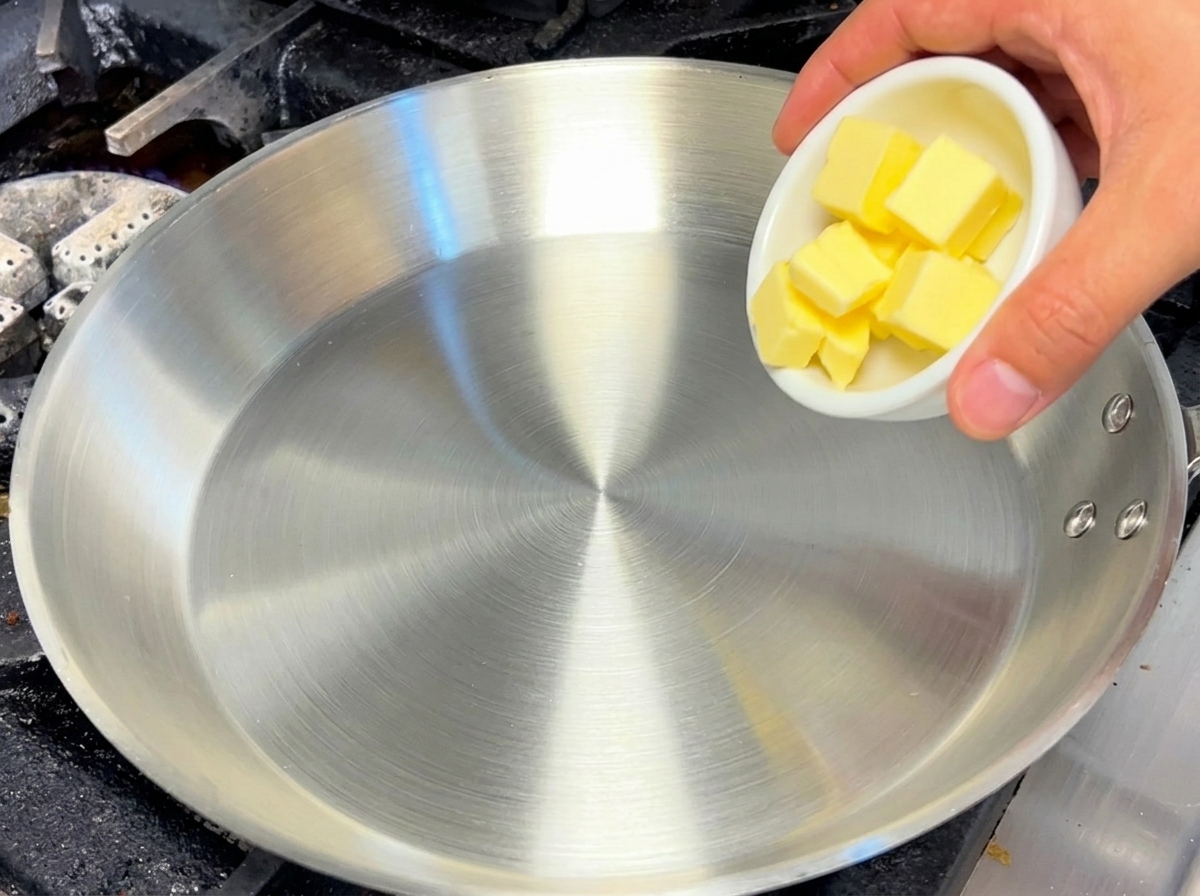 Yellow butter melting in a stainless steel pan on the stove, beginning to bubble.