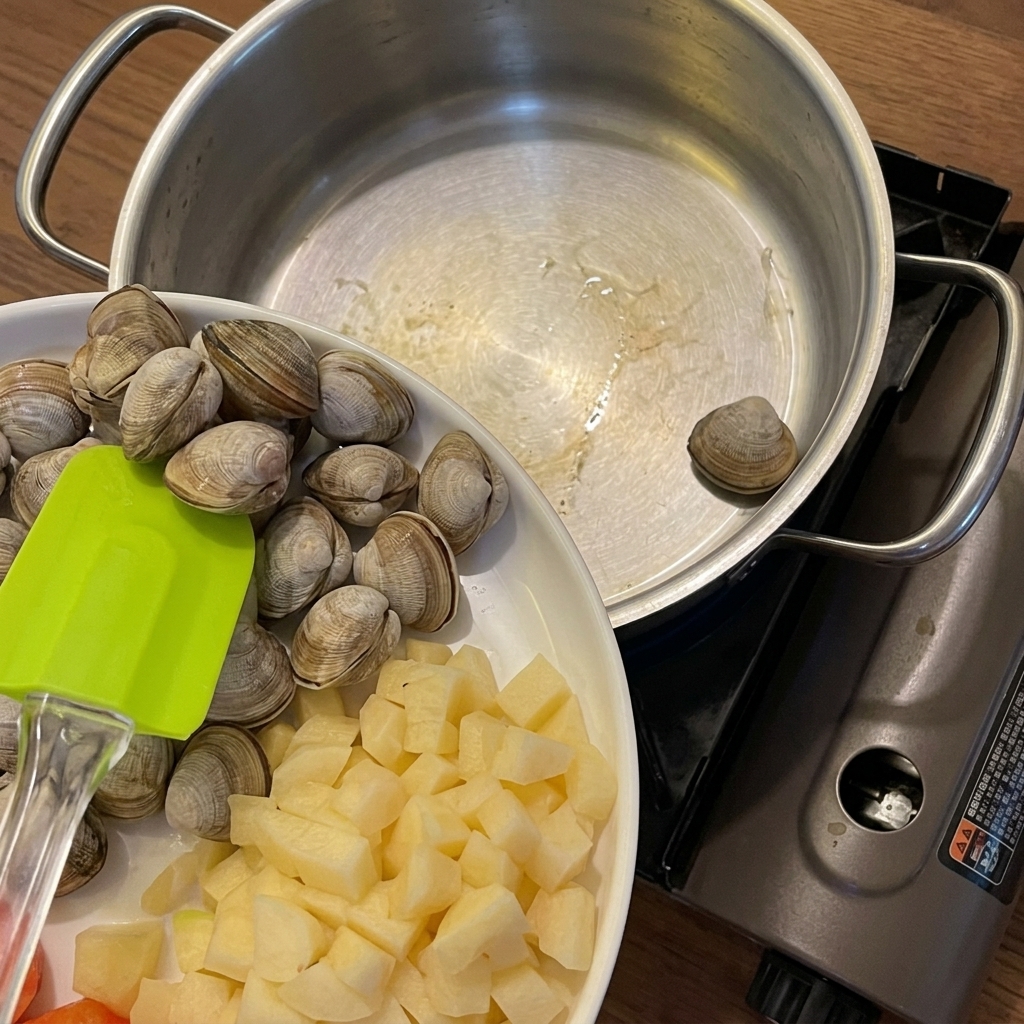 A close-up view of fresh clams, cubed potatoes, and sliced carrots inside a stainless steel pot before adding liquid.