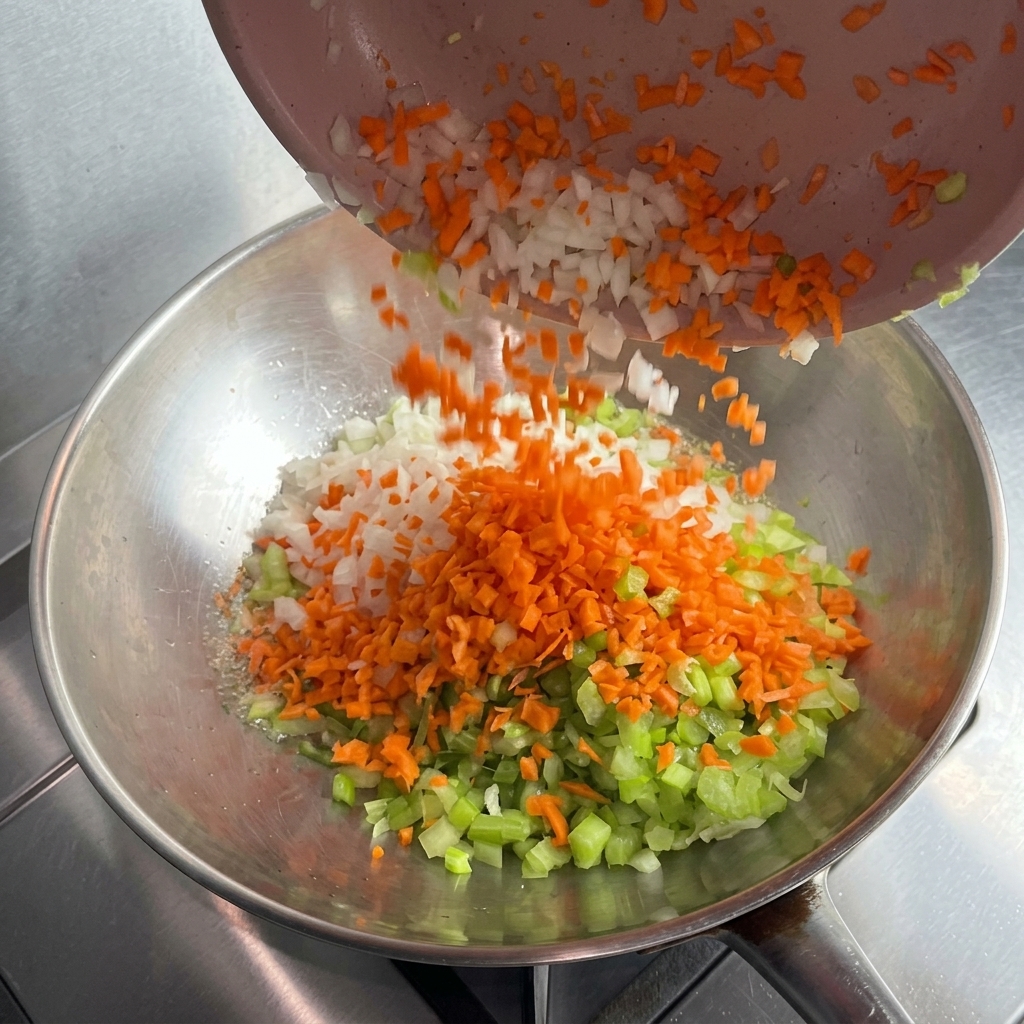 The minced vegetable mixture being sautéed in a large wok until softened.