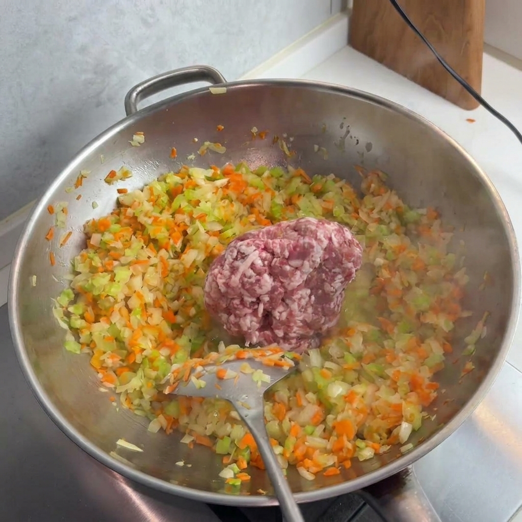 Raw minced pork and beef being added to the sautéed vegetables in the wok.