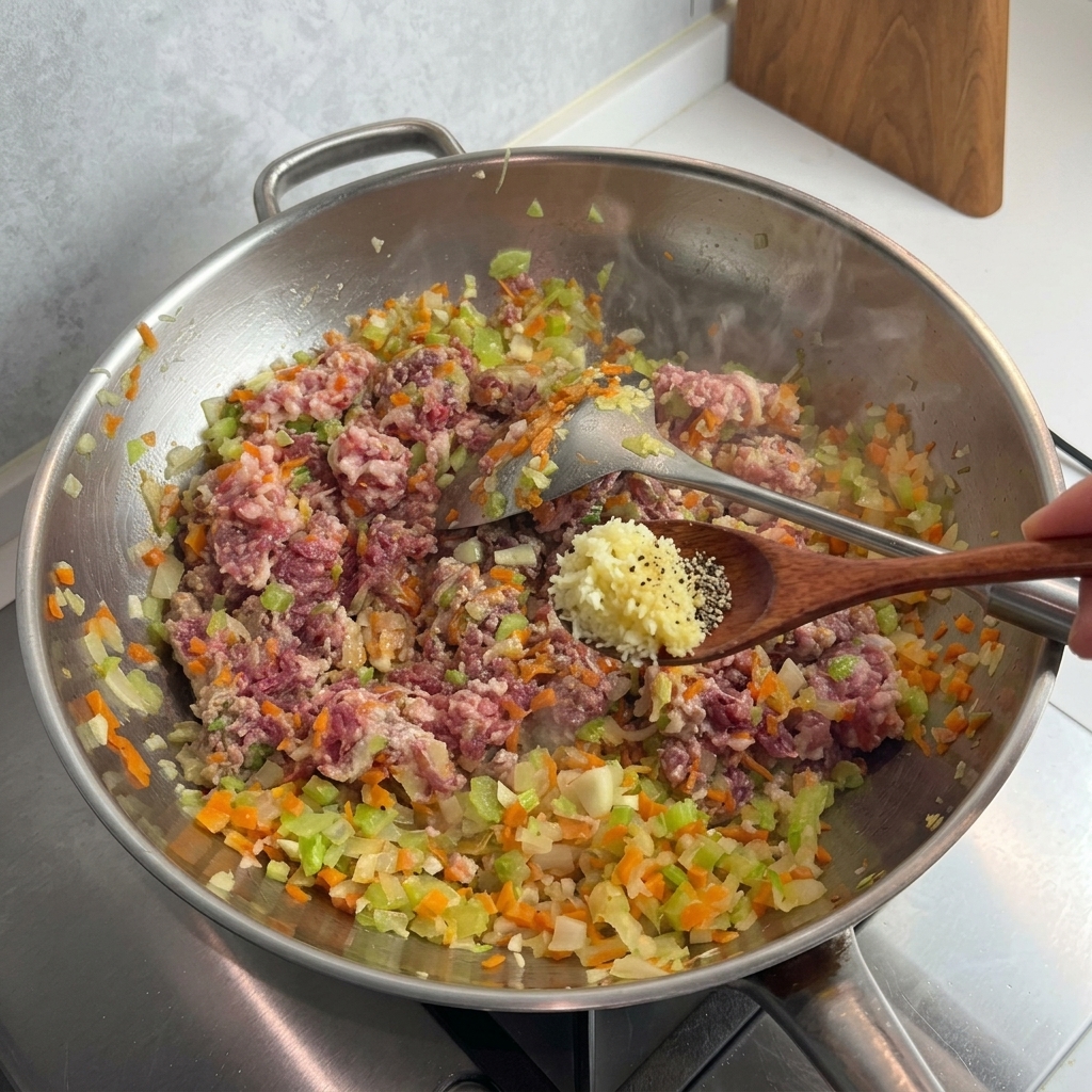Black pepper being seasoned over the browning meat and vegetable mixture in the wok.
