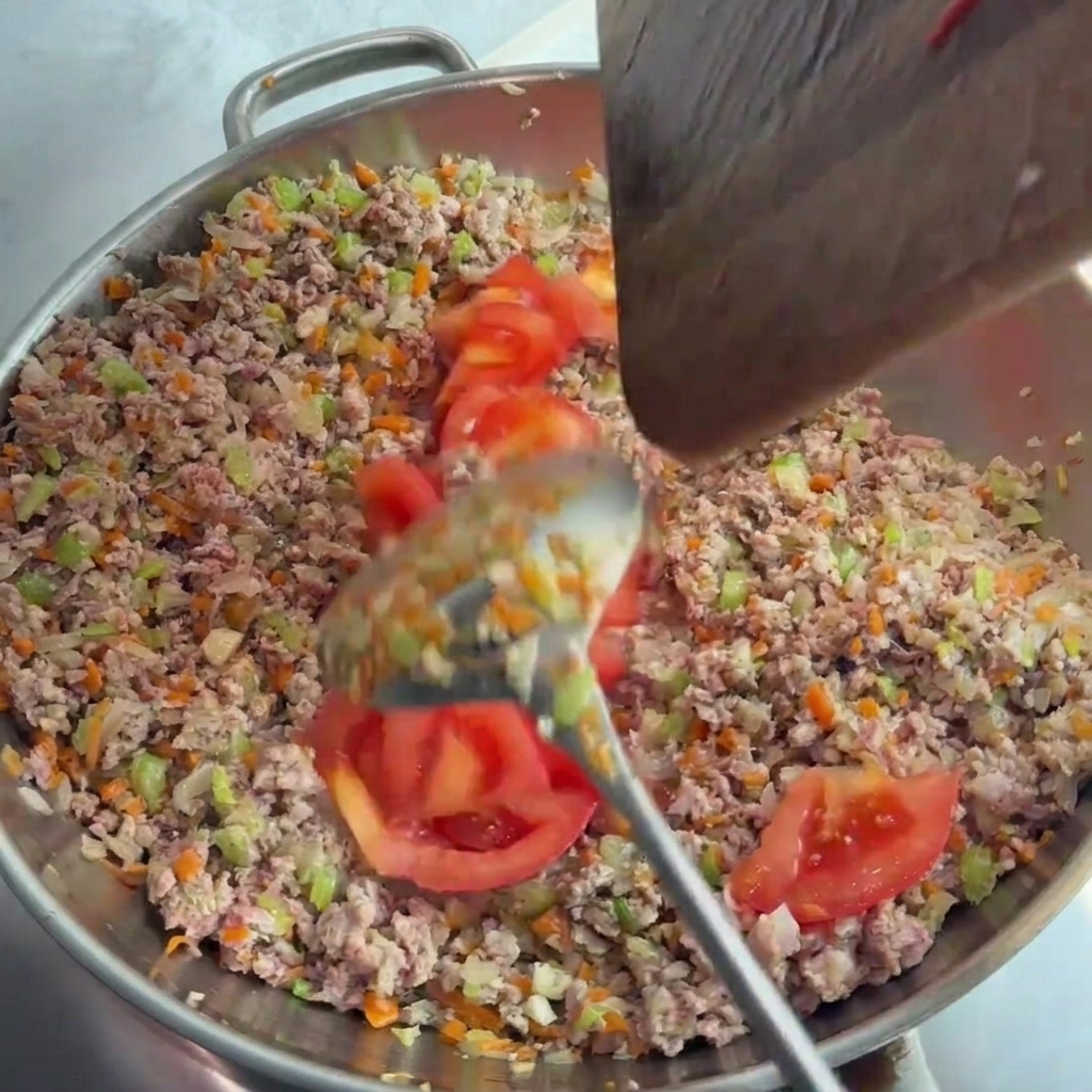 Fresh tomato chunks and tomato paste being incorporated into the browned meat base.