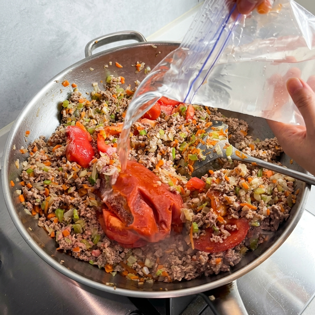 Water being added to the simmering meat sauce to achieve the desired consistency.