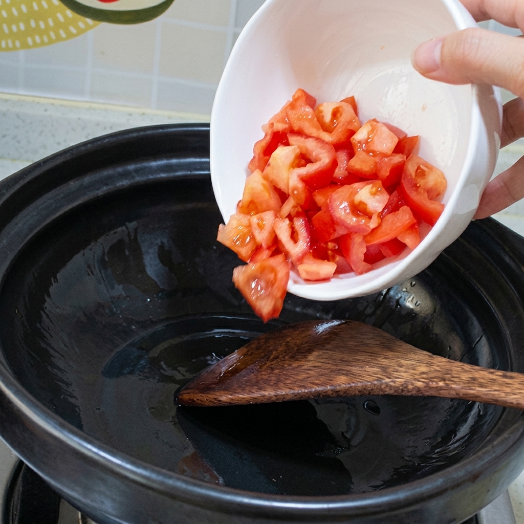 Chopped tomatoes being stirred in a hot clay pot until softened and releasing juices.