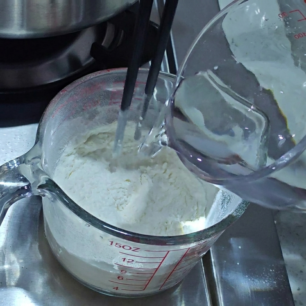 Mixing water and flour in a glass measuring cup to create a thick dough paste.