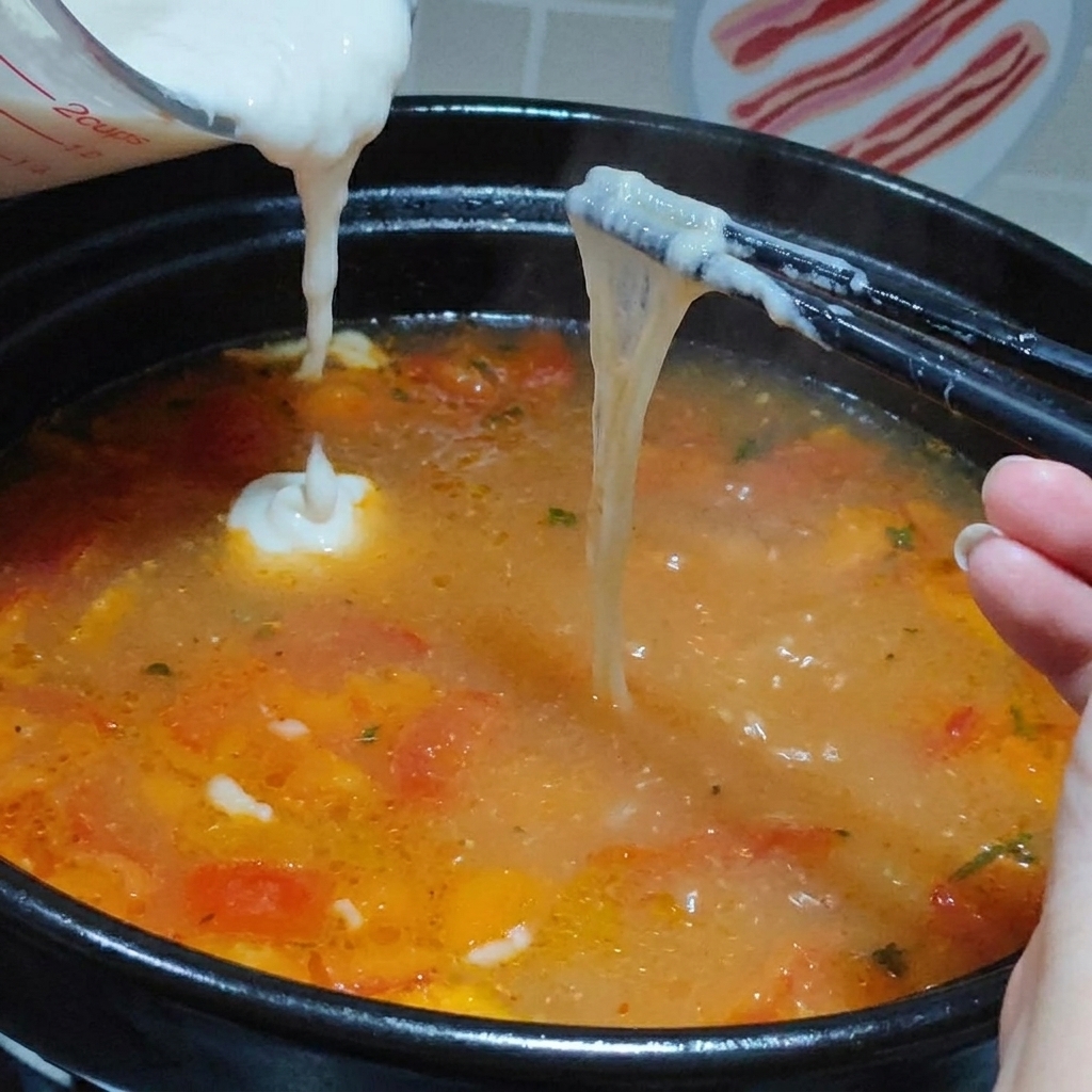 Dough paste being drizzled into a boiling soup pot to form small drops.
