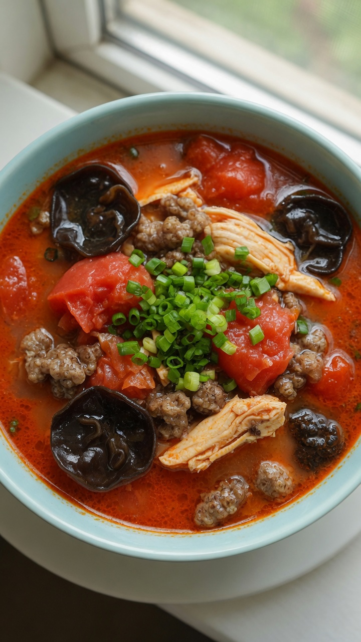 Tomato Chicken Buckwheat Dough Drop Soup