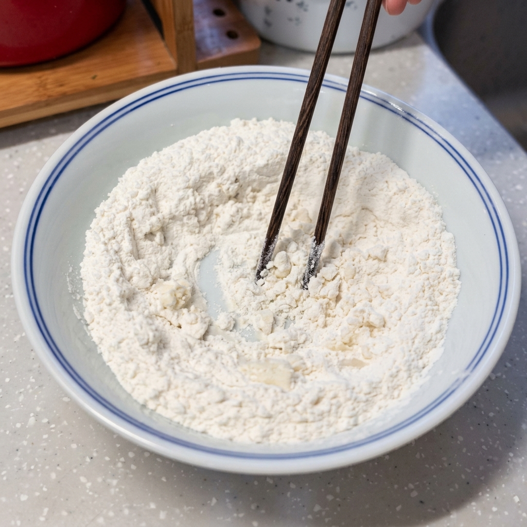 Flour in a white bowl being stirred with chopsticks to create small bits.