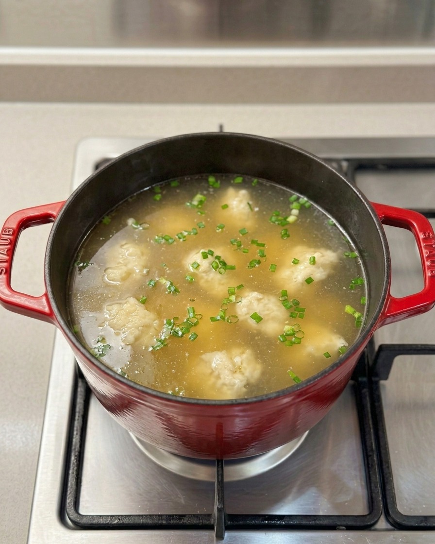 Flour bits being stirred into boiling chicken soup.