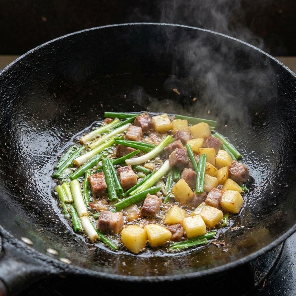 Bone broth being poured into a wok containing fried meat, potatoes, and green onions.