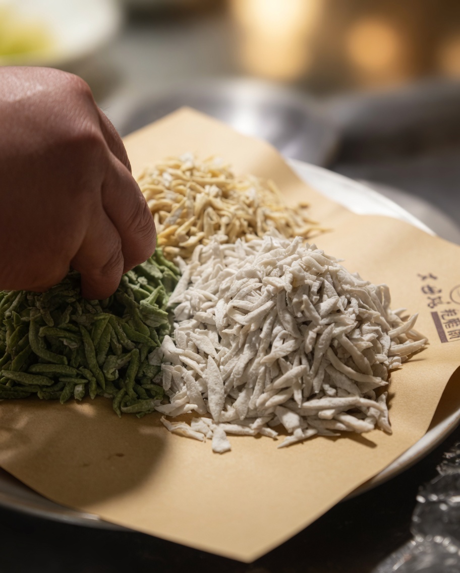 Small, colorful pieces of dough being added to a pot of boiling soup.