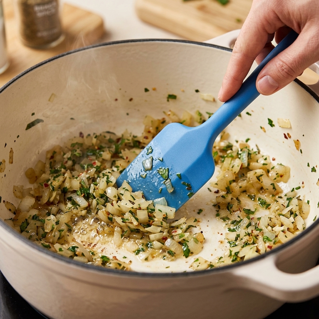 Finely chopped carrots, onions, and celery softening in a pot with shimmering cooking oil.