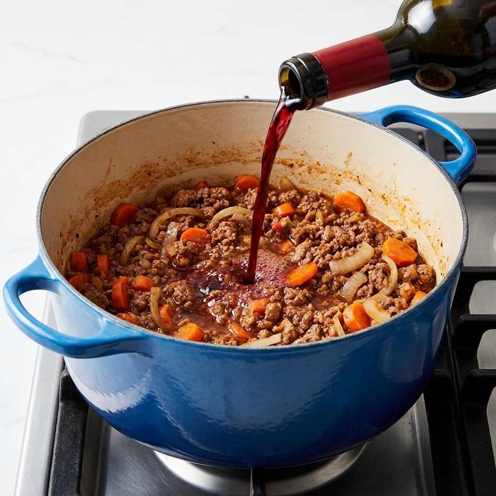 Red wine being poured into a pot of browned beef, creating steam and deglazing the pan.