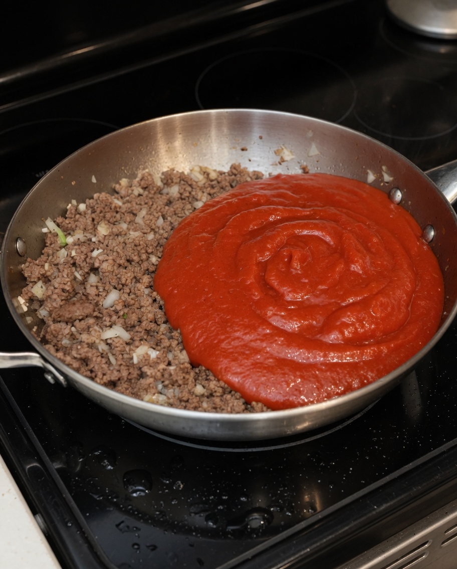 Rich tomato sauce being incorporated into the meat and vegetable base in a large pan.