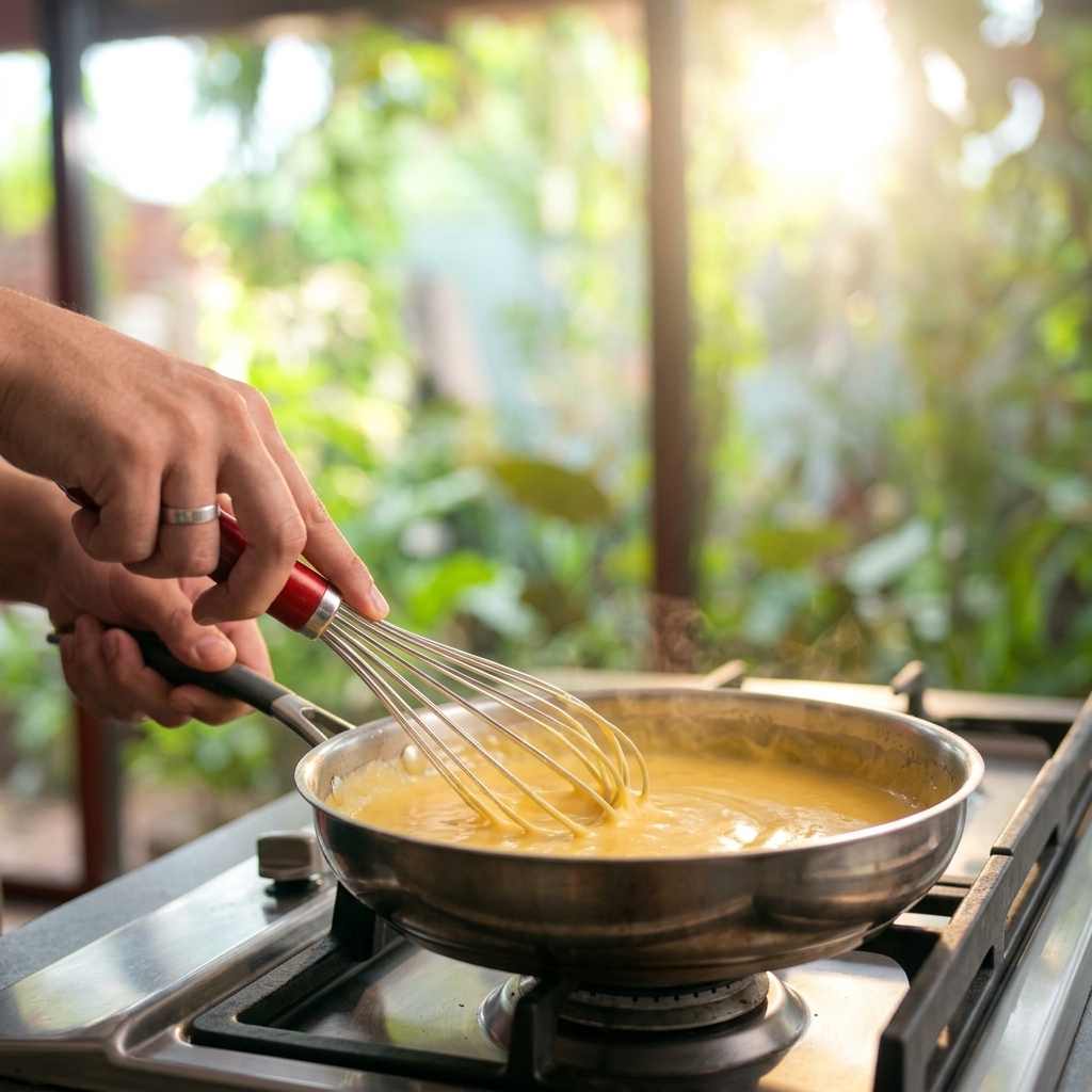 White sauce thickening in a pan as milk is whisked into a roux until smooth and creamy.