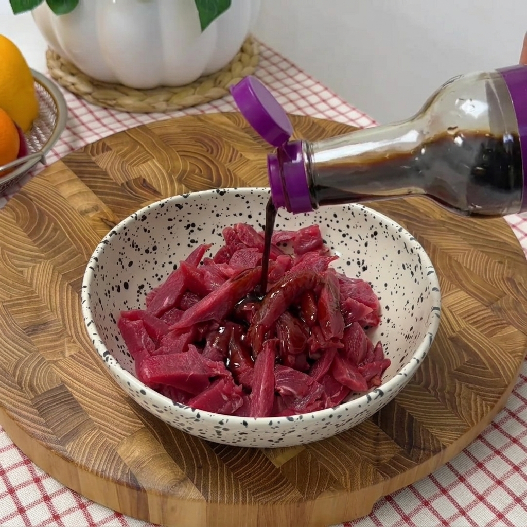 Beef strips in a bowl being seasoned with soy sauces, black pepper, and oil.