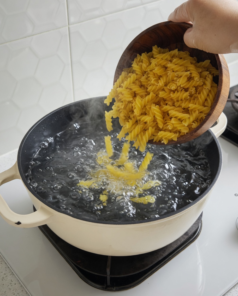 Fusilli pasta being poured into a large pot of boiling water.