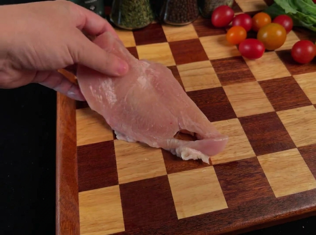 Flattened chicken breast pieces resting on a wooden cutting board after being pounded.