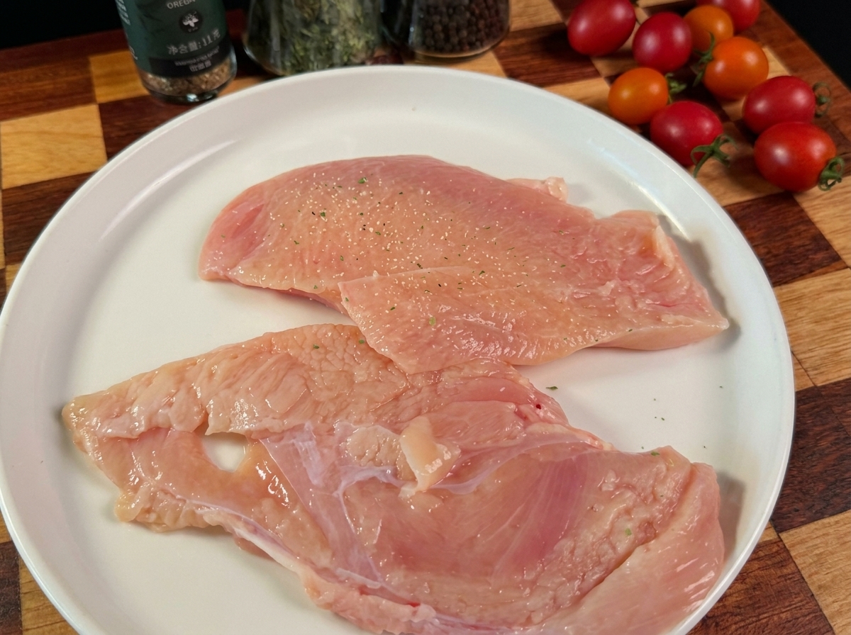 Seasoned raw chicken breast pieces resting on a white plate.