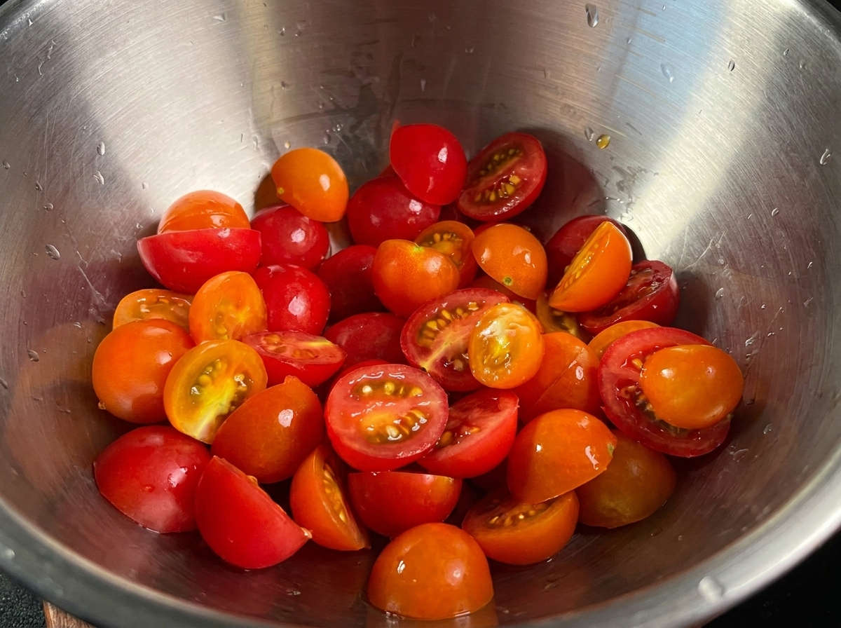 Halved cherry tomatoes in a metal bowl, ready for the sauce.