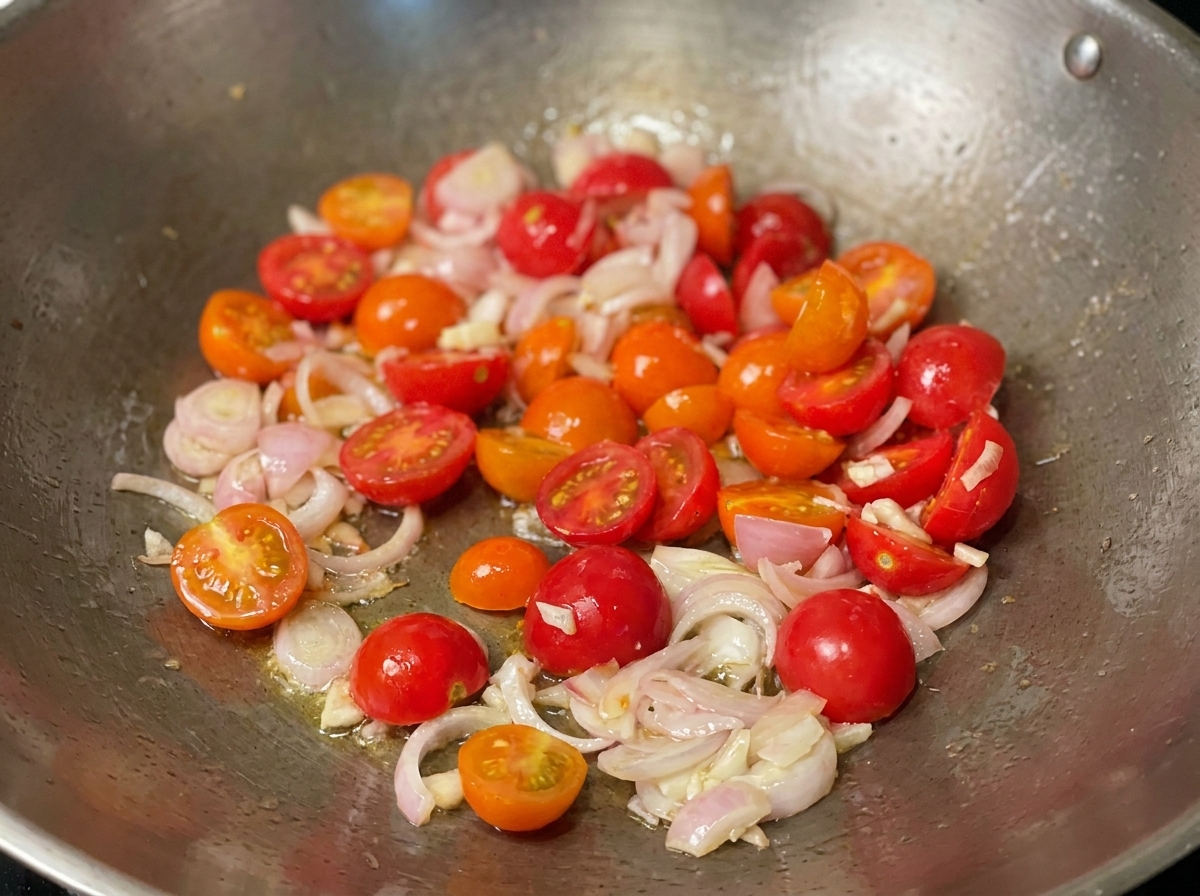 A pan containing a simmering thick tomato sauce with herbs and sautéed aromatics.