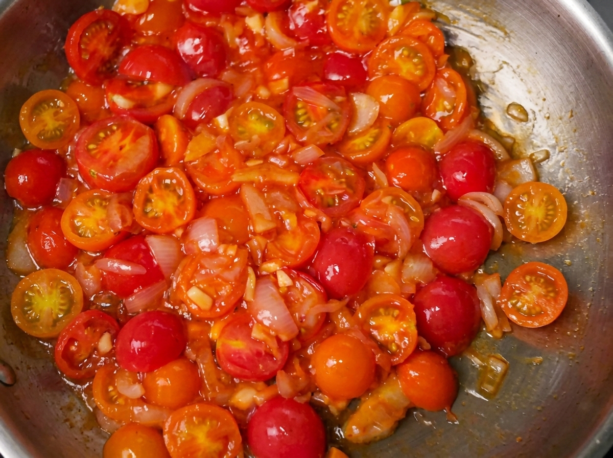 Tomato sauce simmering in a pan with added herbs and seasonings.