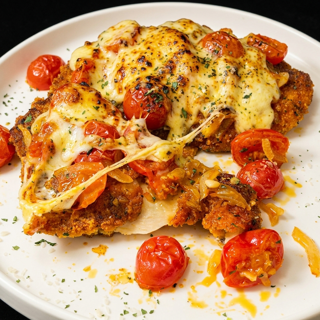 Flour-coated chicken cutlet being submerged in a bowl of beaten eggs.