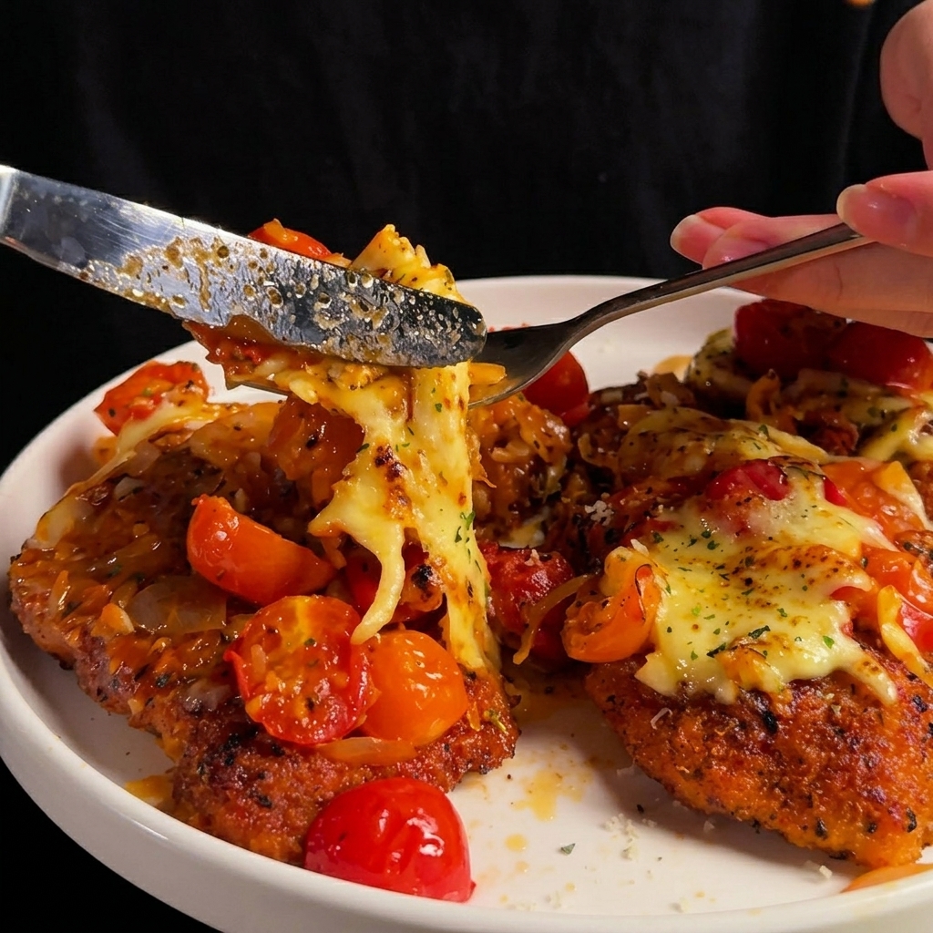 Chicken cutlet being thoroughly coated in a mixture of seasoned breadcrumbs and parmesan cheese.