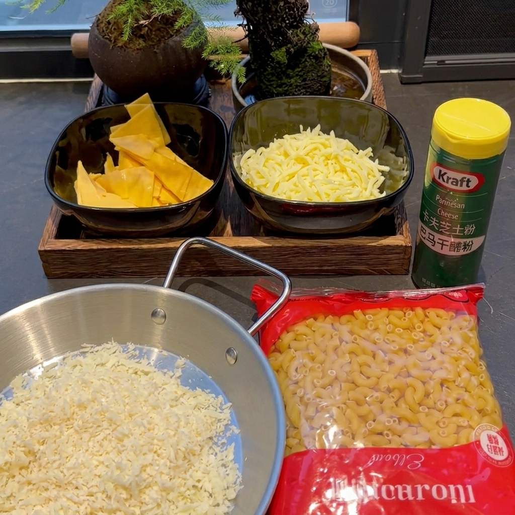 Elbow macaroni being poured into a red pot filled with boiling water.