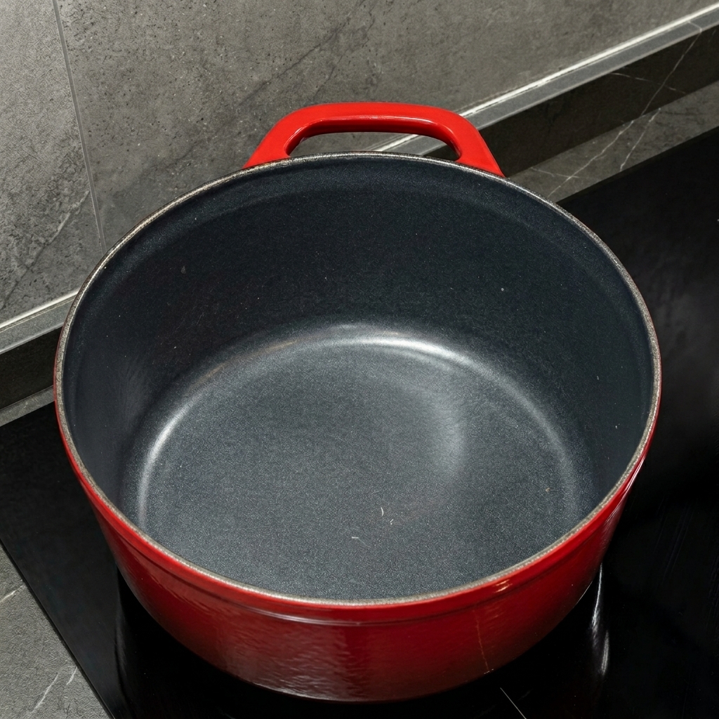 A solid block of butter melting inside a red pot, beginning to turn into a liquid.