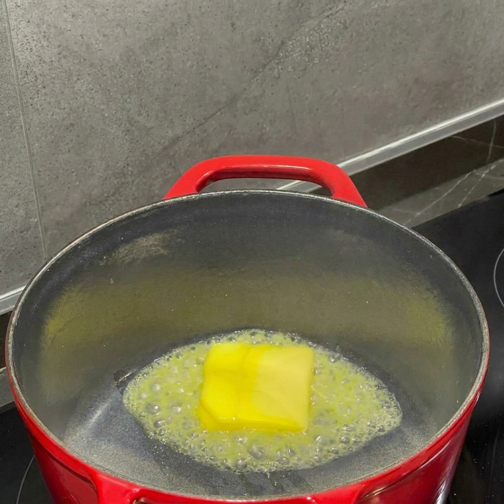 Flour being whisked into melted butter in a pot to form a thick, smooth paste.