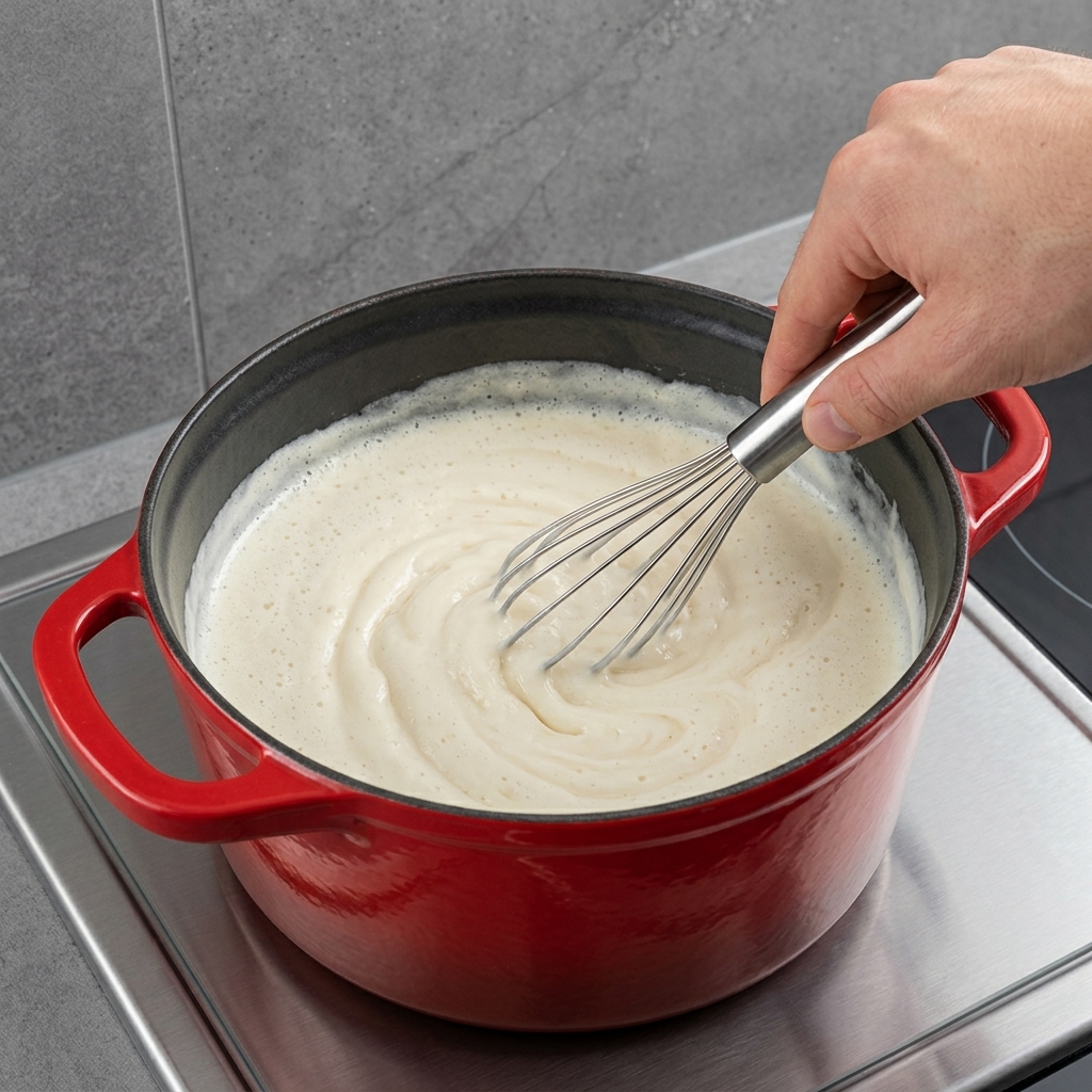 A whisk stirring cut cheddar and grated parmesan into a creamy white sauce in a red pot.