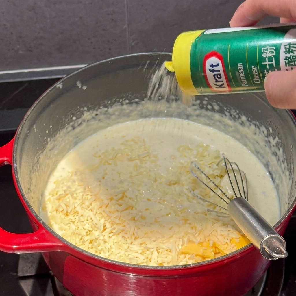Cheese powder being shaken from a container into a pot of creamy cheese sauce.