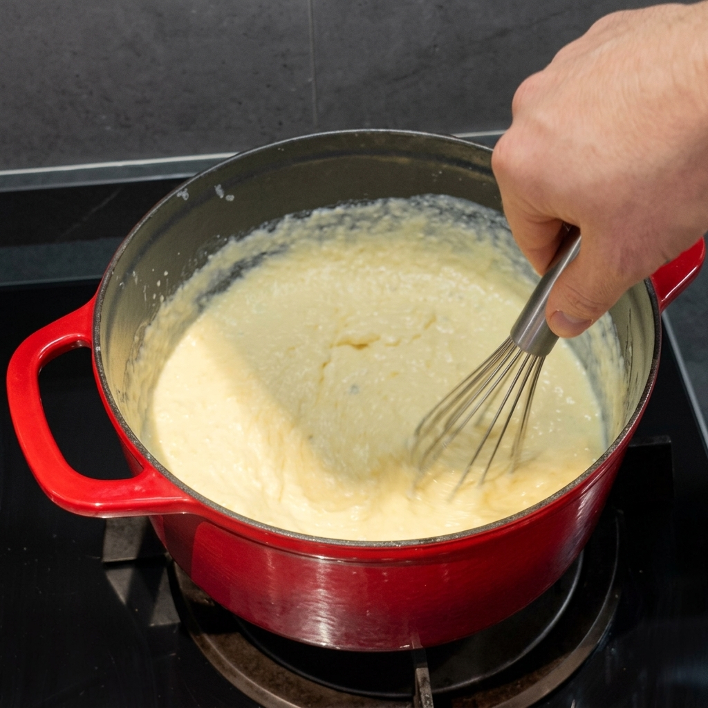 A close-up of a whisk stirring a creamy cheese sauce in a red pot, with visible specks of black pepper.