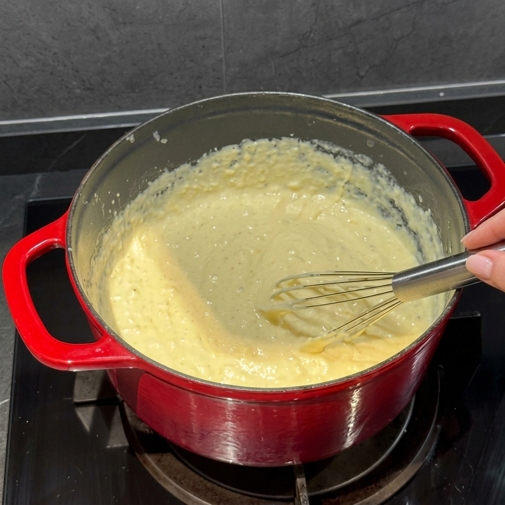 Macaroni being stirred into a thick, creamy cheese sauce in a red pot.