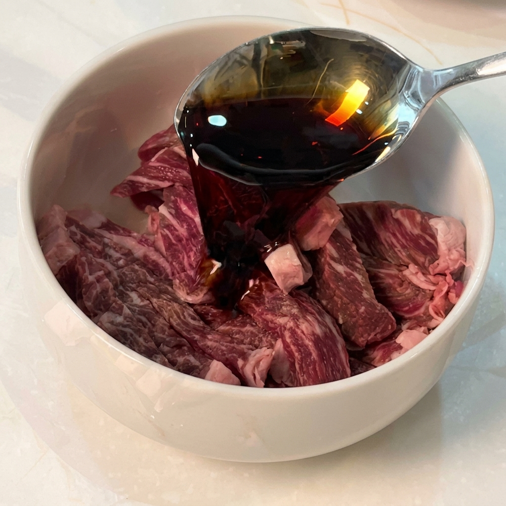 Soy sauce being poured from a spoon into a bowl containing raw beef strips and other seasonings.