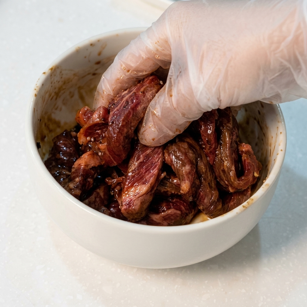 A gloved hand mixing seasoned raw beef strips in a white bowl.