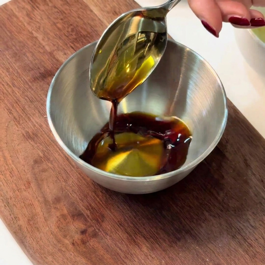 A metal bowl containing the prepared stir-fry sauce ingredients being mixed with a spoon.