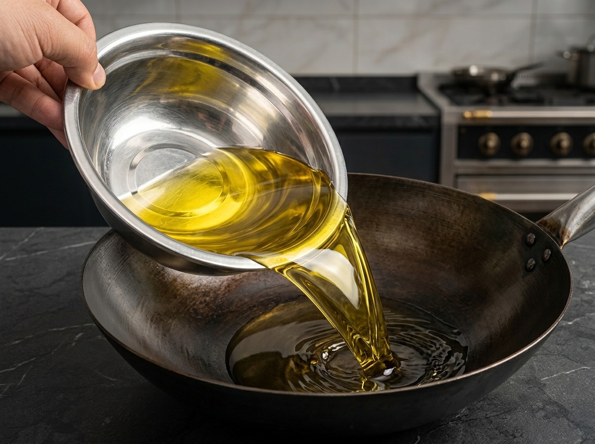 A close-up view of oil being poured into a large, seasoned iron wok, ready for cooking.
