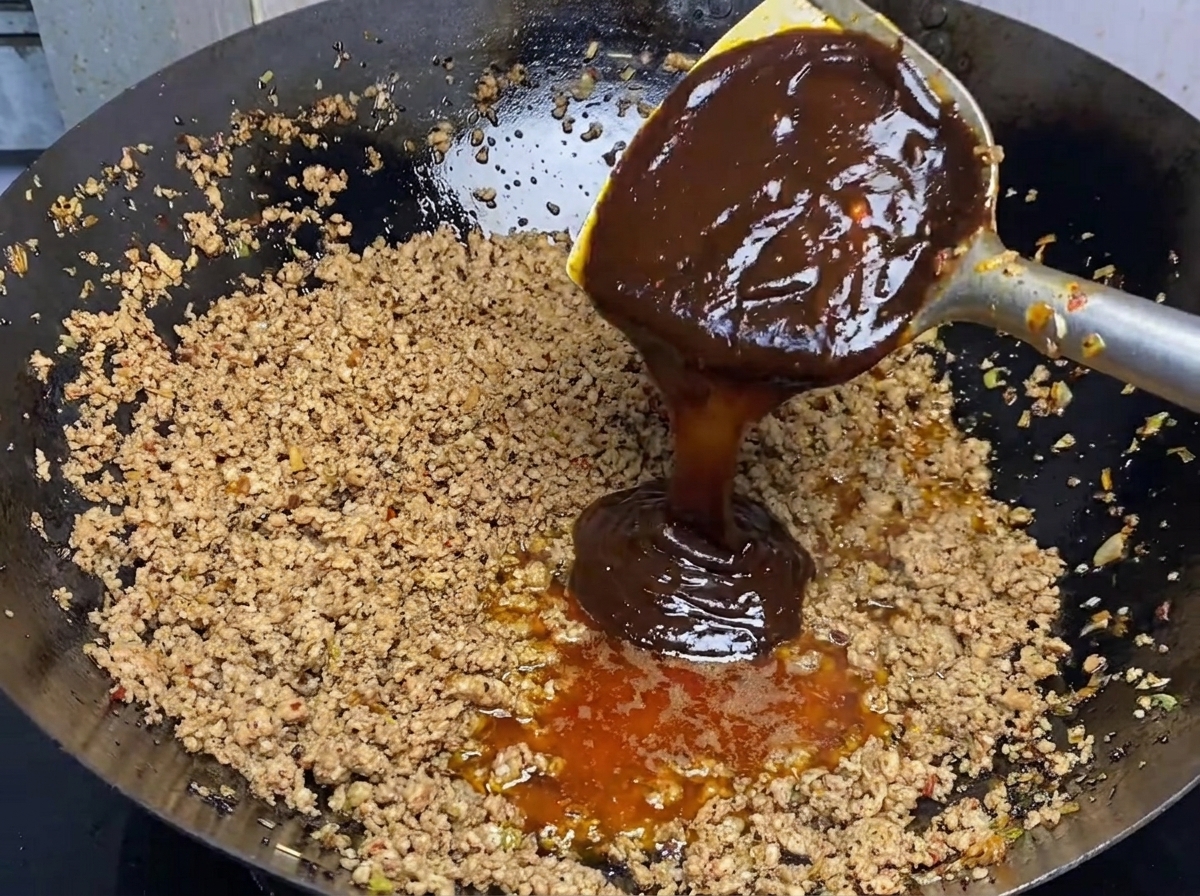 Sweet bean sauce being poured from a ladle into the wok, mixing with the cooked ground pork.