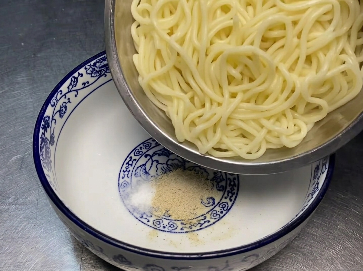Cooked noodles being placed into a bowl over seasoning, ready for the meat sauce topping.