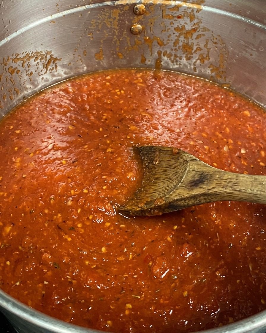Tomato sauce bubbling in a large pot, being stirred with a wooden spoon.