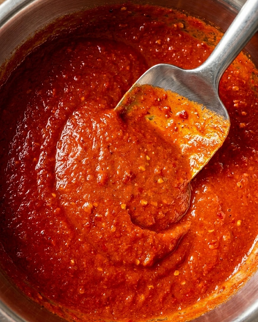 Seasonings being mixed into the vibrant red tomato sauce as it simmers in the pot.