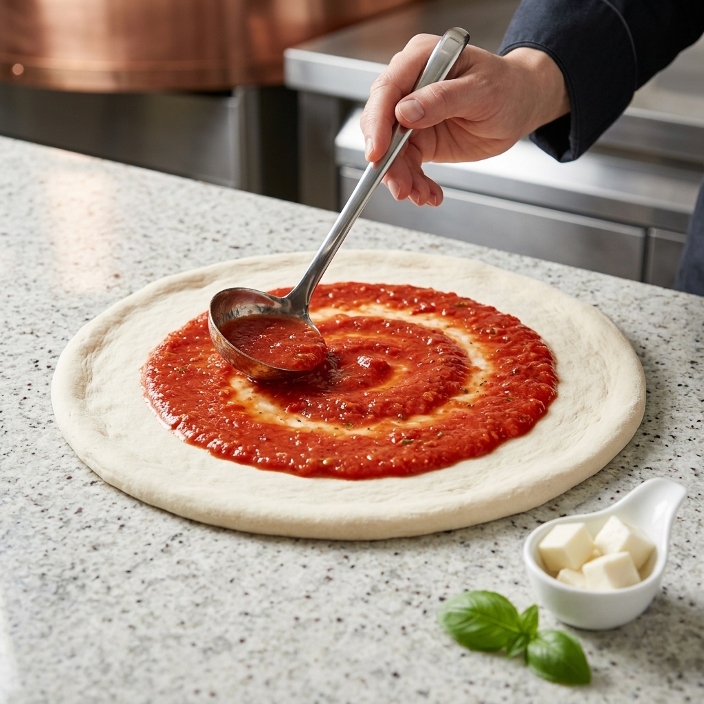 Tomato sauce being spread over a round pizza dough base with a ladle.