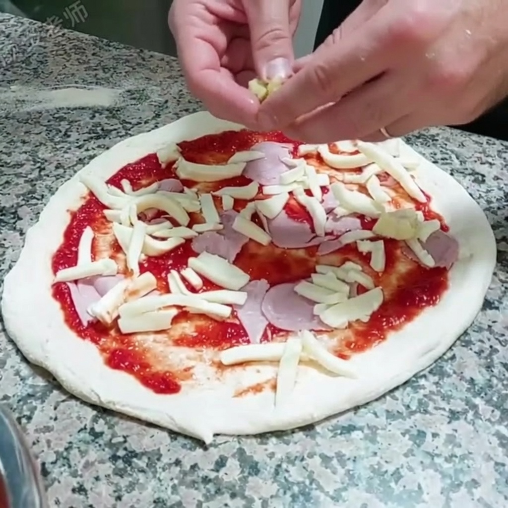 Artichoke heart pieces being arranged on top of the mozzarella cheese and ham.
